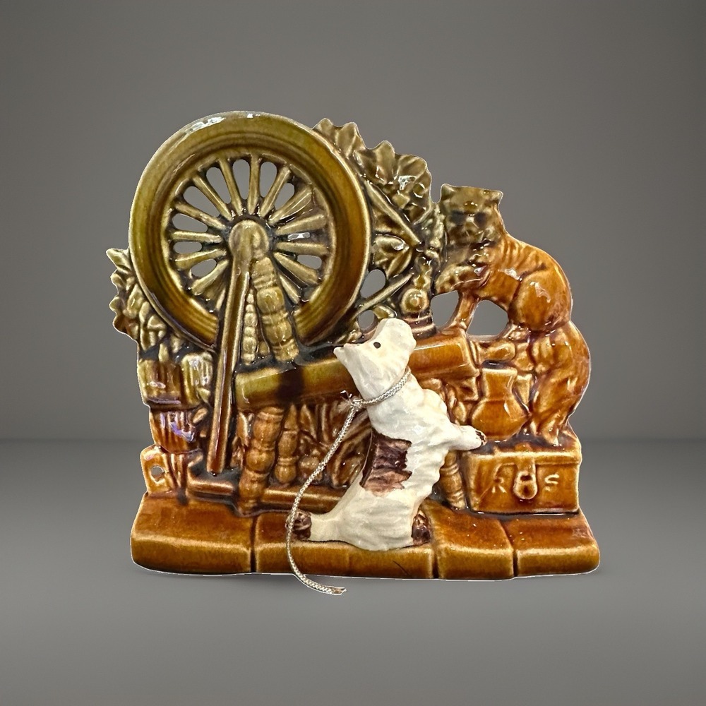 Vintage McCoy Planter Spinning Wheel White Scottie Dog Cat Brown Glaze EUC